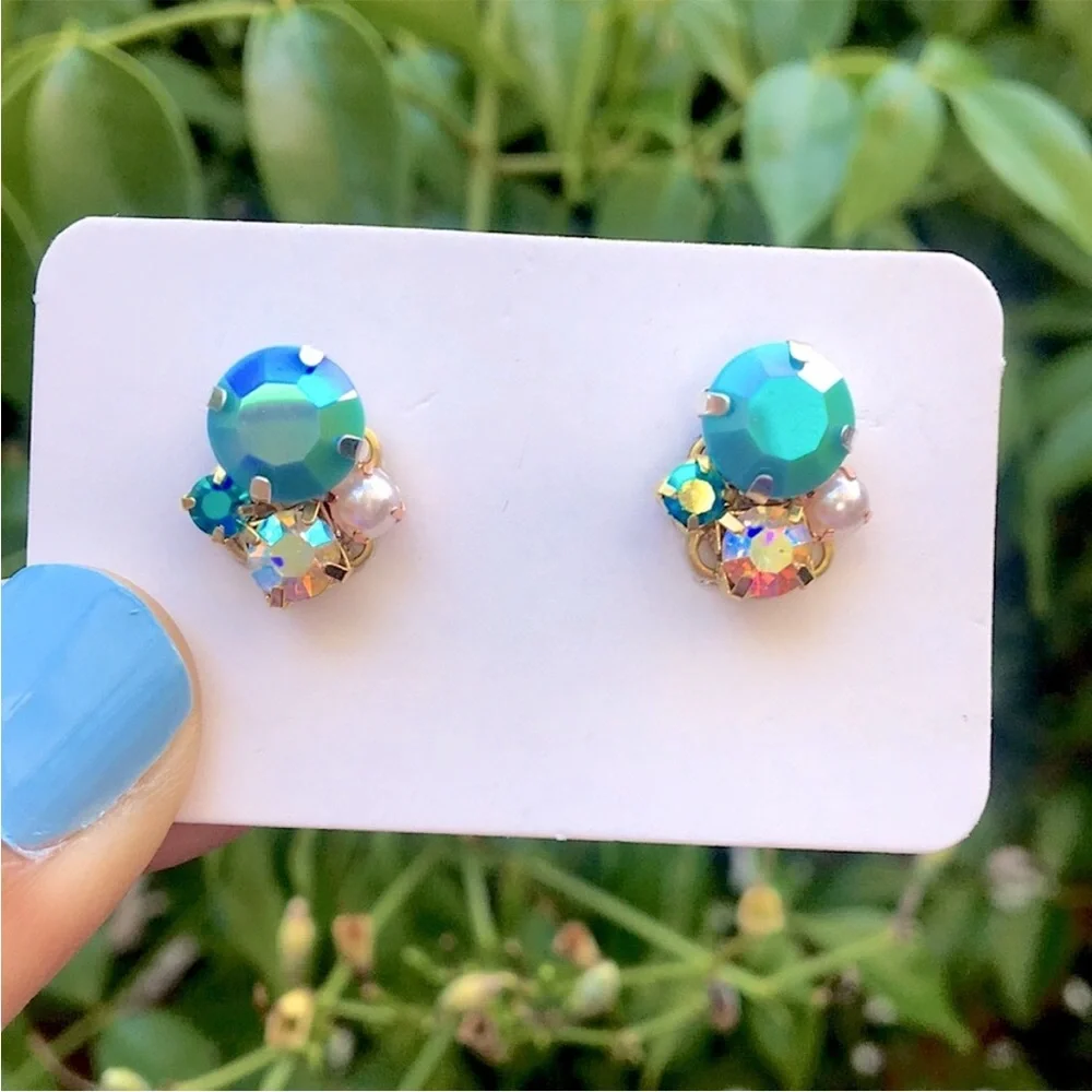 Iridescent Turquoise, Sapphire Aurora Borealis + Pearl Gold Earrings